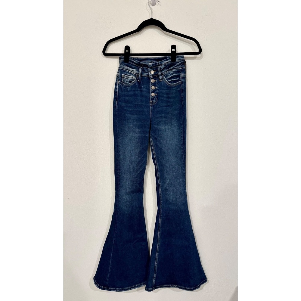 High-Rise Dark Blue Button-Fly Flare Jeans